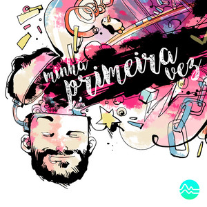 num cartum muito bonito, uma caricatura do Caio tem a cabeça aberta (ele parece confortável). saindo da cabeça, uma fumaça colorida, roxa e rosa, onde estão saindo vários objetos, como pinguins, estrelas e correntes. No meio desse caos, está escrito "minha primeira vez"