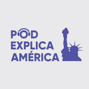 Logo do podcast. à esquerda, escrito POD EXPLICA AMERICA (o "pod" tem um fone ao redor do O), e à direita, o busto da estátua da liberdade em silhueta.