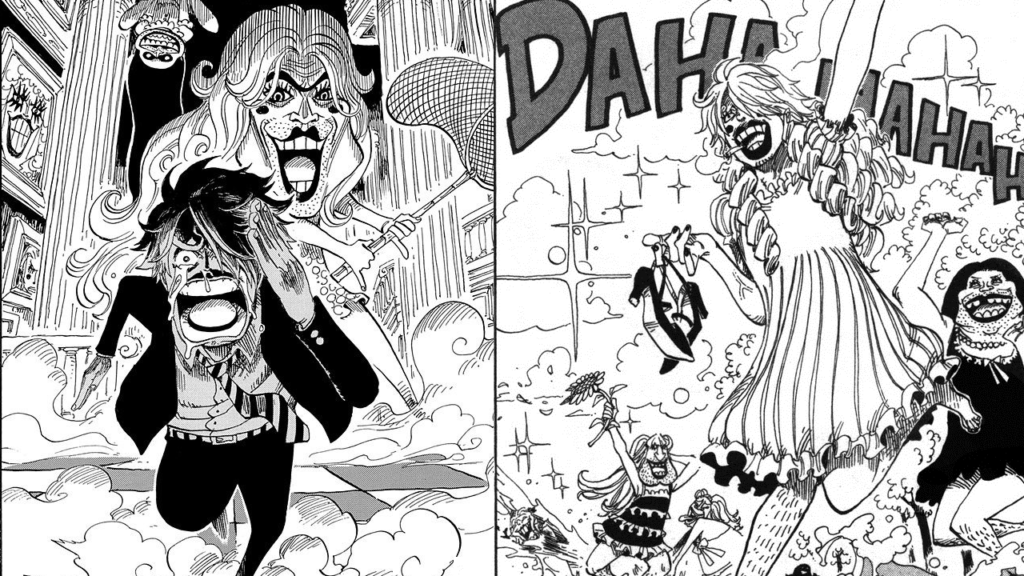 Sanji correndo de travestis e subsequentemente é forçado a se vestir com roupas femininas