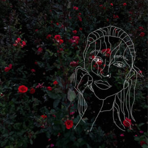 Arte de I Wanna be Your Girlfriend, single de girl in red. Uma imagem escura com flores vermelhas e a gravura de um rosto feminino