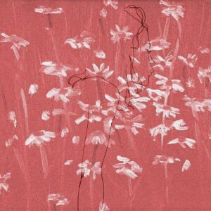 Arte de Chapter 1, de girl in red. Uma aquarela de fundo rosa com flores brancas. Por cima, uma gravura feminina minimalista
