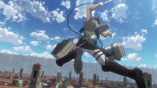Eren de costas ao fazer uma manobra com o DMT. Shingeki no Kyojin, Maratona de Sofá