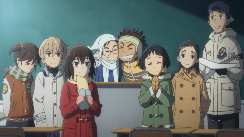A classe de Satoru se reúne para uma foto.