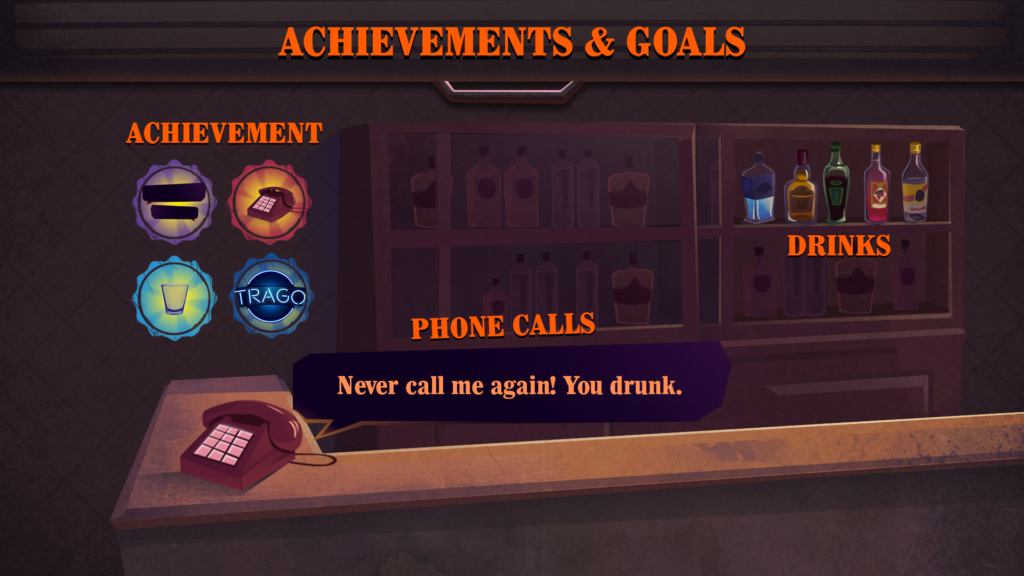 Tela com listas de opções pra desbloquear, incluindo diferentes tipos de bebidas, e outras ações possíveis no jogo