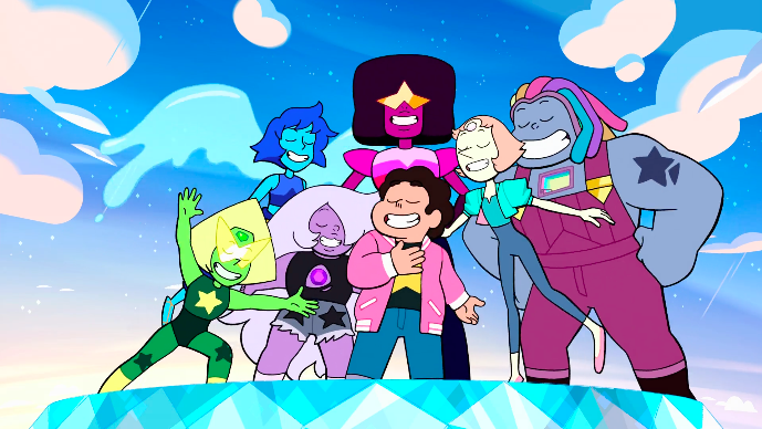 Steven Universe, Garnet, Ametista, Lapis Lazuli, Peridot, Pérola e Bismuto juntas na plataforma de teletransporte.