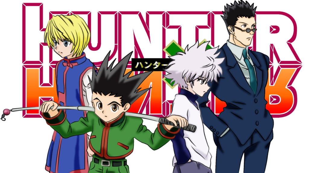 Imagem dos protagonistas de Hunter x Hunter, Kurapica, Leório, Gon e Kilua.