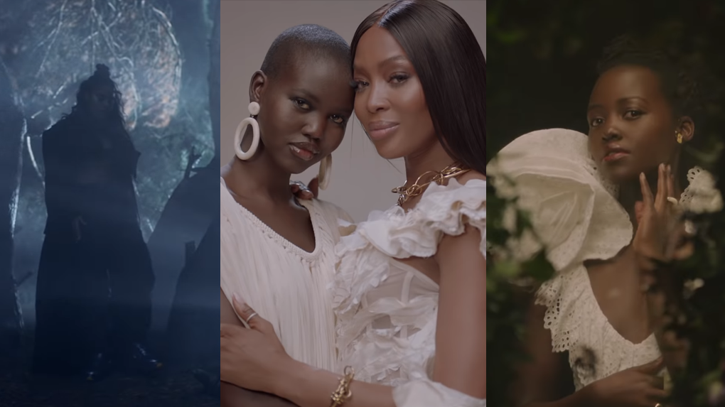 Imagem divida em três. Á esquerda a cantora Jessie Reyez em uma floresta escura. Ao meio Adut Akech abraçada com Naomi Campbell e à direita Lupita Nyong'o.