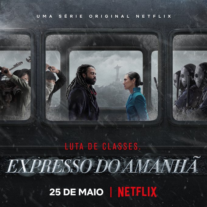 Imagem de divulgação oficial de Snowpiercer (O Expresso do Amanhã). Visão do trem por fora. Vemos pela janela Andre Layton e Melanie Cavill se encarando. Atrás de cada um, grupos de pessoas armadas preparadas para um confronto. Para além do trem, é possível ver o Cristo Redentor