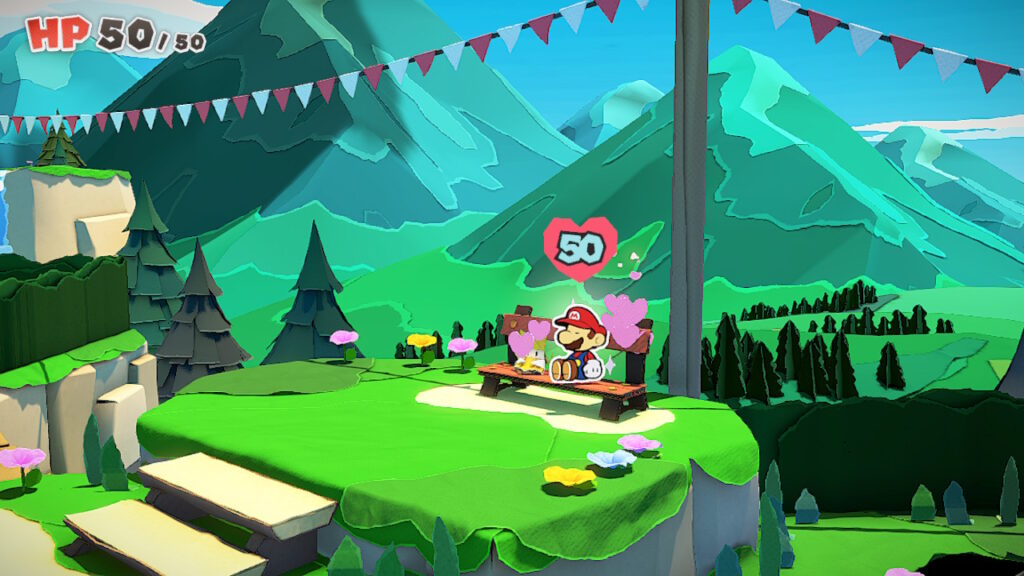 Cena em que Mario senta em um banco, num parque com colinas verdejantes
