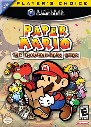 Capa de Paper Mario: The Thousand-year Door, com o Mario segurando um mapa e personagens reconhecíveis do jogo ao fundo