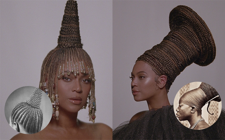 Imagem dividida em duas. À esquerda Beyoncé utilizando penteado Nigeriano utilizado na década de 60 em eventos especiais. à direita penteado inspirado no povo Mangbetu