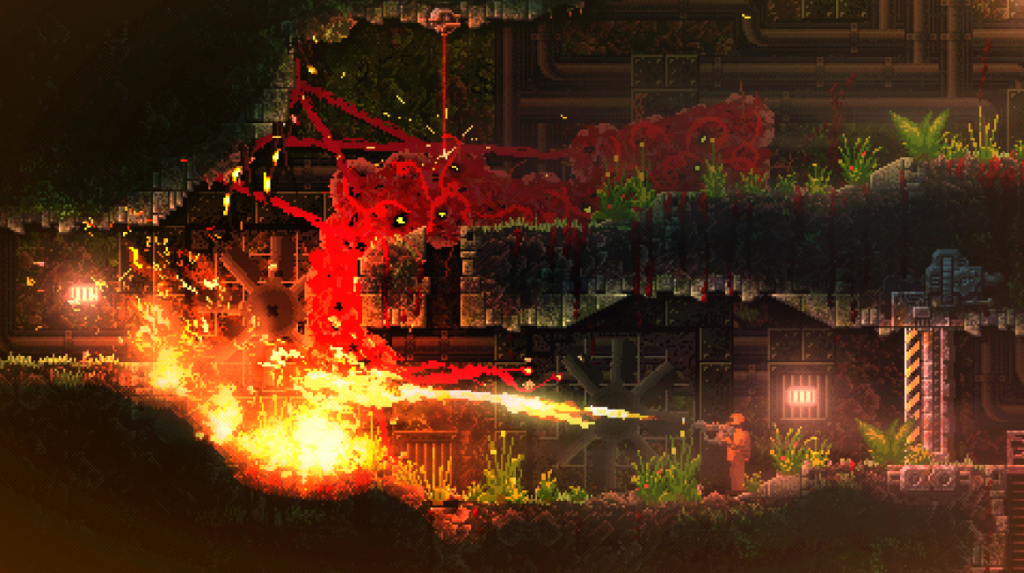 A criatura de carrion sendo posta em chamas por um dos soldados inimigos do jogo