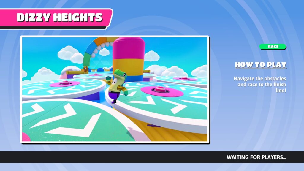 Tela de demonstração de uma das modalidades do jogo que chama "Dizzy Heights". Nela os jogadores precisam atravessar alguns obstáculos que giram pra chegar ao final do percurso