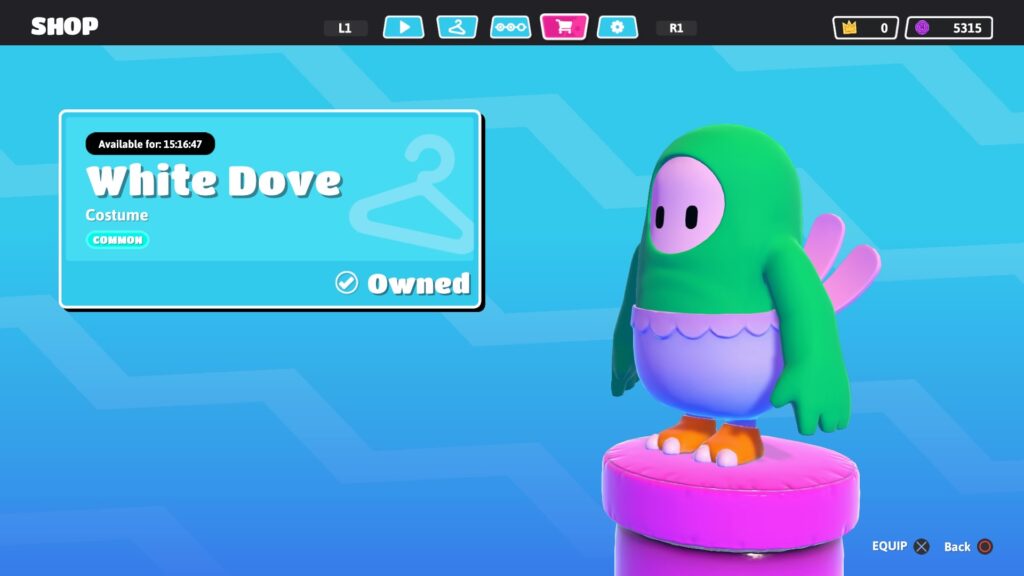 Tela em que o personagem do jogo veste a parte de baixo de uma fantasia de pombo