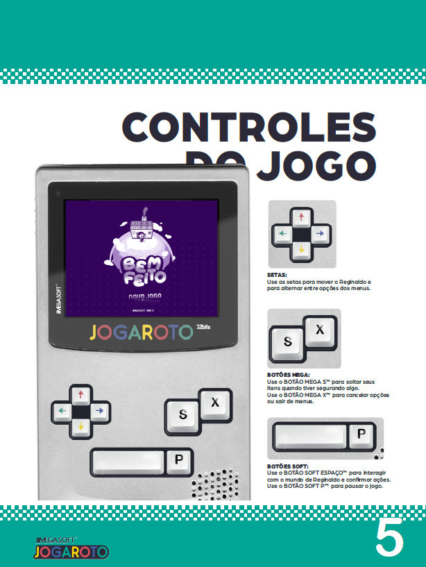 Página 5 do manual onde pode se identificar o minigame jogaroto e seus botões, com a tela do jogo bem-feito carregada nele.