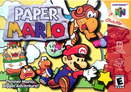Capa de Paper Mario com Mario, um Paratroopa, uma fantasma (boo) Bowser, Peach, um Koopa Troopa e um Goomba.