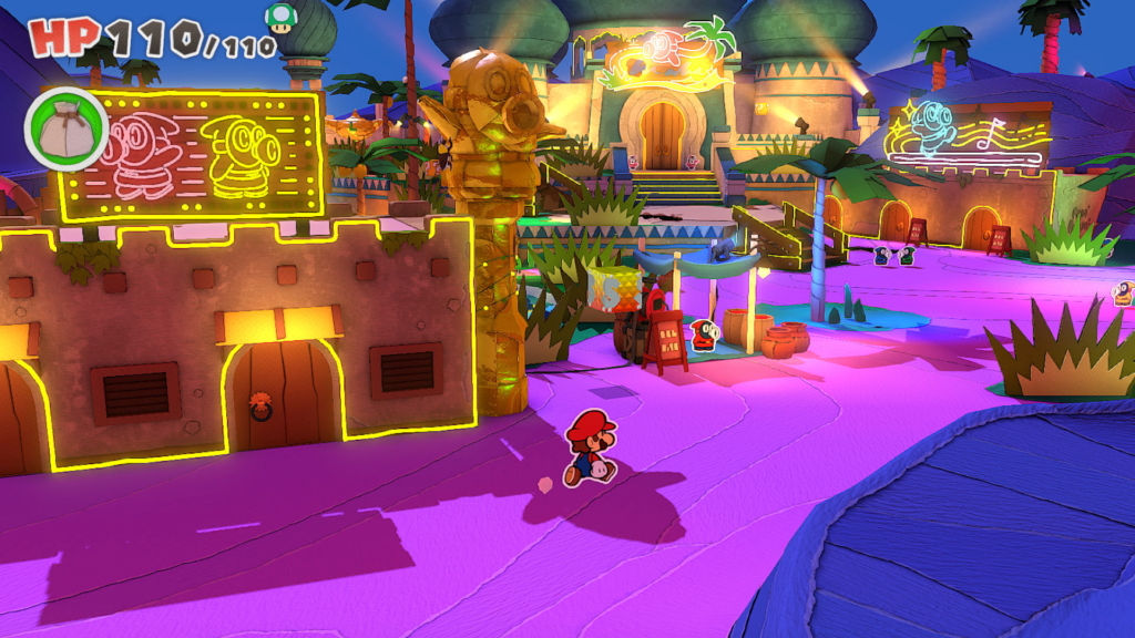 Cena do jogo em que Mario atravessa uma cidade no deserto, com areia arroxeada e prédios iluminados por leds coloridos