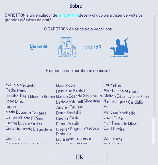 Tela com os créditos do jogo, em que se identificam os autores (mencionados no texto) e alguns outros apoiadores