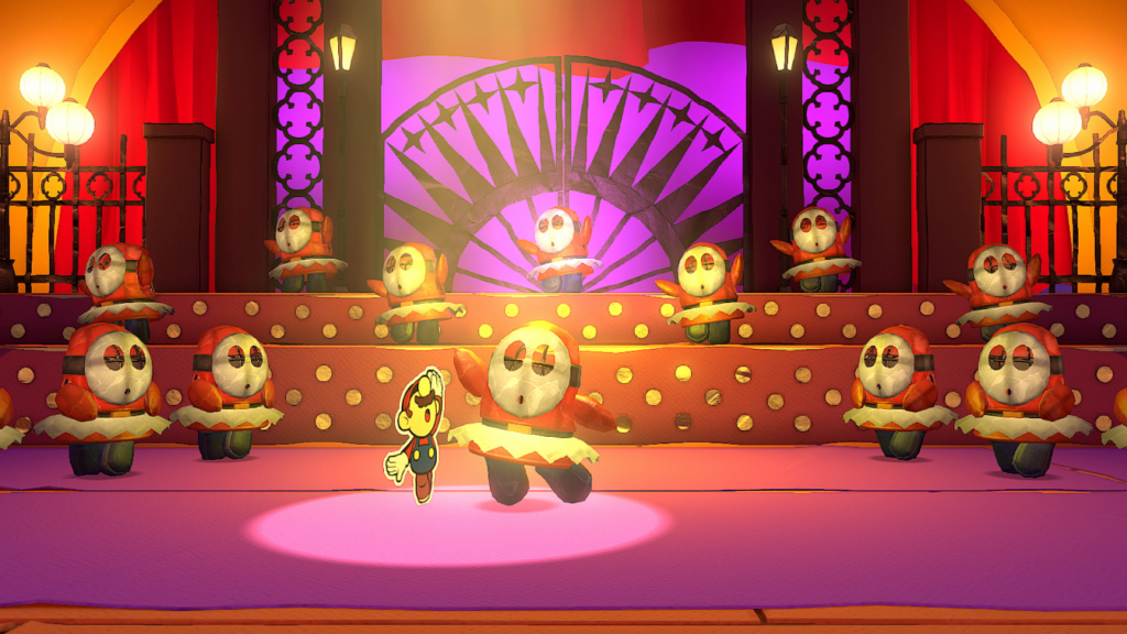 Cena em que um Shy-guy vestido de tutu gira Mario numa dança.