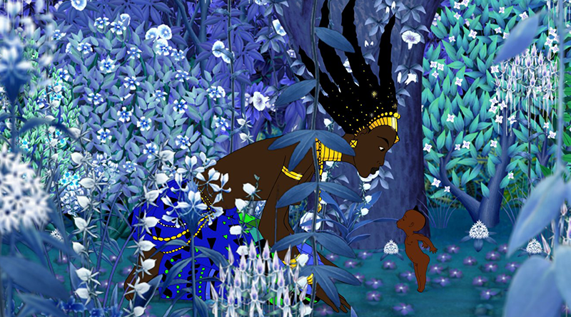 Kiriku e a Feiticeira conversam em meio a uma floresta com muitos tons de azul e branco.