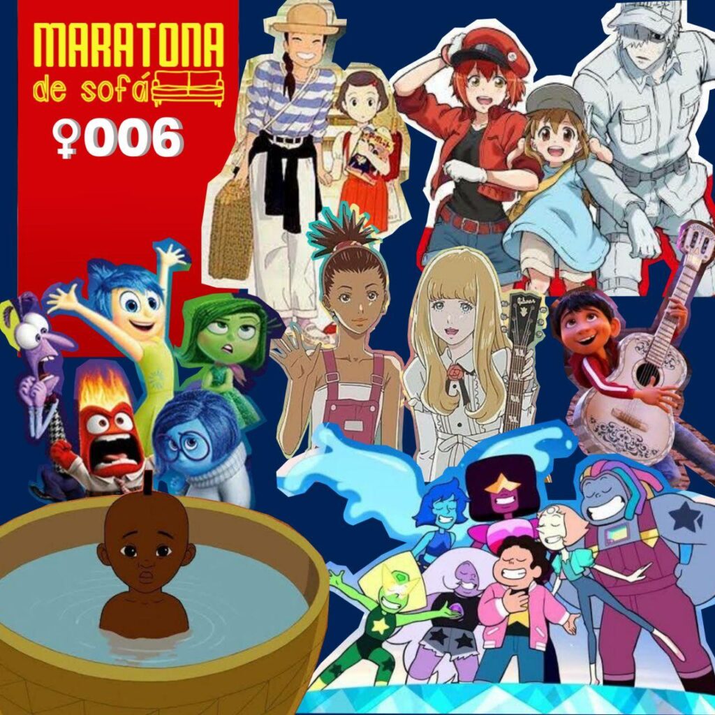 Imagem de capa do último episódio do maraminas sobre animações que todos os adultos deveriam assistir, personagens das sete animações fazem parte da colagem. Várias mulheres maravilhosas como Carole, Garnet, Taeko...