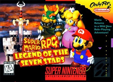 Capa do jogo Super Mario RPG: Legend of the Seven Stars, com imagens em 3D de Mario, Peach e Bowser e um Castelo e uma espada ao fundo