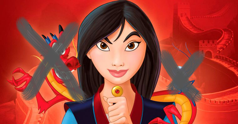 Imagem da animação Mulan, onde ela está de frente para a câmera, em close, segurando uma espada pelo cabo. Mushu e o Grilo estão em seus ombros. Mas sobre os dois foi passado um "X" de cor cinza