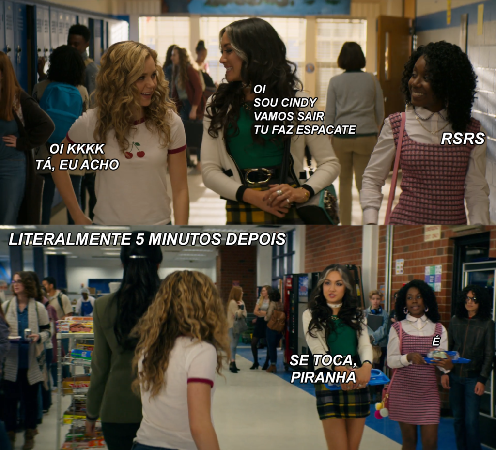 Imagem dividida em doios quadros. No primeiro Cindy é gentil e doce com Courtney, no segundo ela é grosseira e ofensiva. Tudo isso aconteceu em questão de minutos.