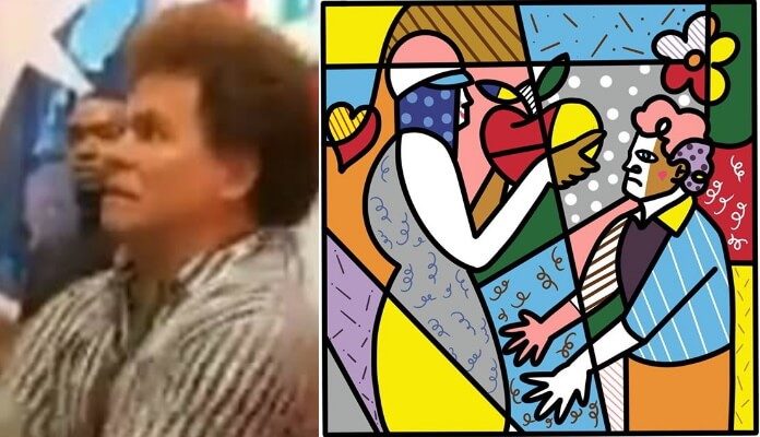 à esquerda, a cara de surpresa de Romero Britto, ao ter a escultura feita por ele quebrada. À direita, numa imagem parodiando o estilo do autor (com várias linhas retas pretas, e áreas com cores chapadas com algumas espirais e hachuras) da cena onde o artista tenta salvar a escultura antes de ser jogada no chão pela dona do restaurante, indignada. 
Notícias de Sofá 006 - Carrefour, estátua de Totoro, e ladrão vegetal