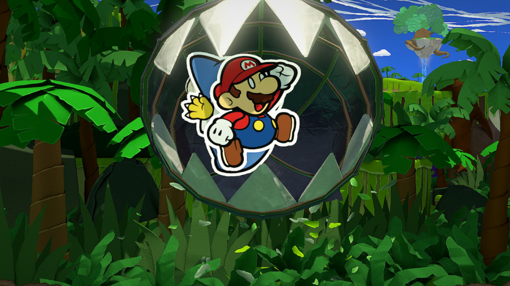 Mario está saltando e um Chain Chomp está de boca aberta quase mordendo-o