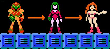 Imagens pixeladas de Samus Aran, heroina da série de jogos Metroid. Vemos 3 sprites, na esquerda, samus com sua armadura laranja e amarela, e seu arm cannon; no meio, samus usando uma espécie de maio rosa, com cabelo verde (?) solto, e pernas à mostra; por fim, Samus só de bota e bikini rosas, com o braço esquerdo estendido para o lado