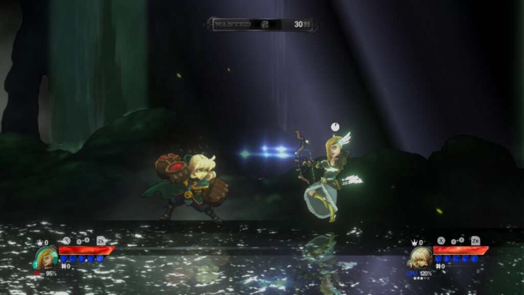 Cena do jogo em que a personagem arqueira ataca a personagem Gully de Battle Chasers. Abaixo dos retratos das personagens existem porcentagens escritas em uma fonte minúscula. Abaixo da arqueira consta 95% e abaixo de Gully 120%.