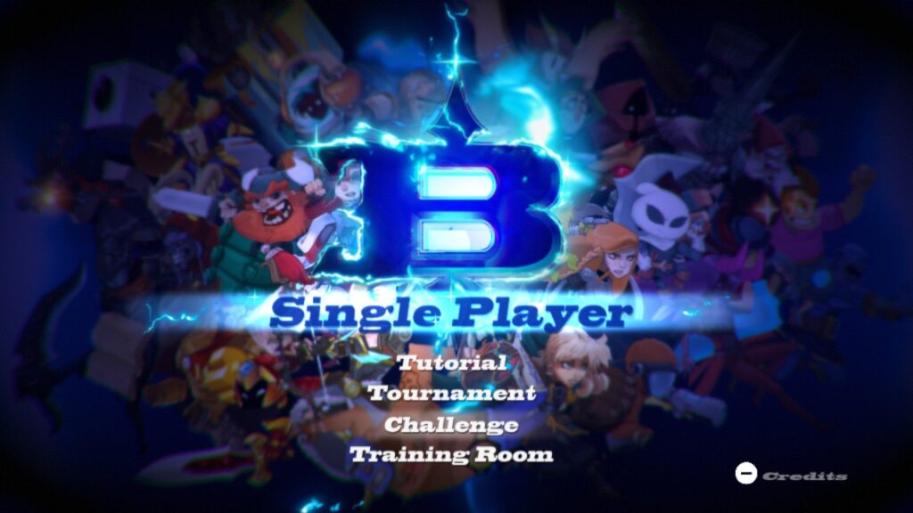 Tela de menu contendo opções de single player e a opção Challenge está destacada. É difícil de notar o destaque. O fundo contem uma ilustração contendo os personagens do jogo e a logo do jogo (um grande B) toma uma grande parte da tela logo acima das opções.