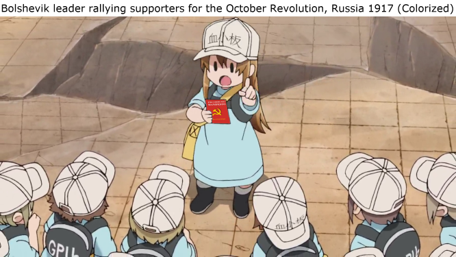 Imagem de um grupo de plaquetas de Cells at Work!, com uma a frente, dando isntruções para as outras. A imagem foi modificada, para que o papel que a lider tem na mão vire o Manifesto Comunista. E no topo da imagem, a legenda "Bolshevik leader rallying supporters for the October Revolution, Russia 1917 (Colorized)" [traduzindo: Líder Bolchevique reunindo apoiadores para a Revolução de Outubro, Russia 1917 (colorizado)]
