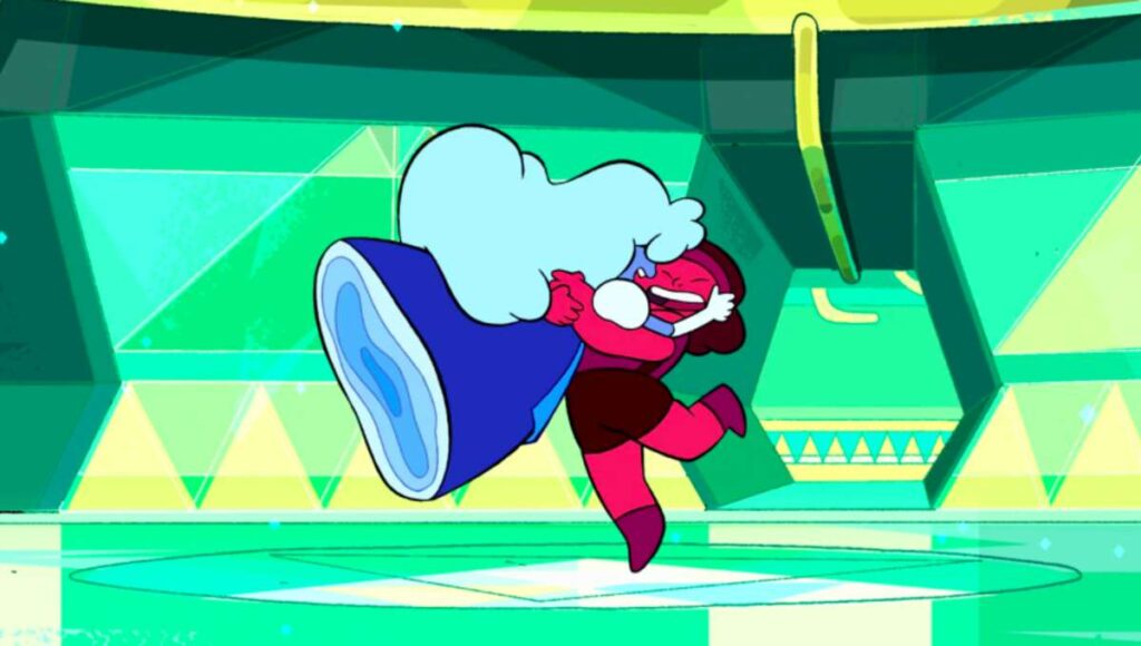 Rubi e Safira do desenho Steven Universo se abraçam.