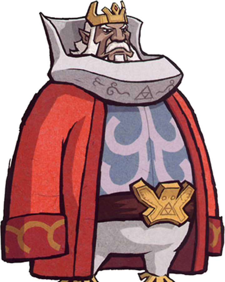 Ilustração de Daphnes Nohansen Hyrule, o Rei de Hyrule de The Legend of Zelda - The Wind Waker. O rei de Hyrule de Ocarina of Time nunca aparece no jogo