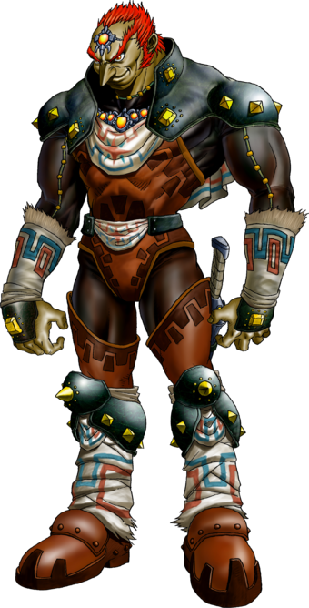 Ilustração de Ganondorf para o Jogo Ocarina of Time. Ele usa uma armadura preta e marrom, com botas grandes. Sobre os ombros, uma peça preta que parece mais rija que o restante. No antebraço, pernas, costas e peito, possui panos brancos com arte Gerudo (linhas retas azuis e vermelhas, formando figuras retangulares). Ao lado da coxa esquerda, vemos a parte de cima de uma espada