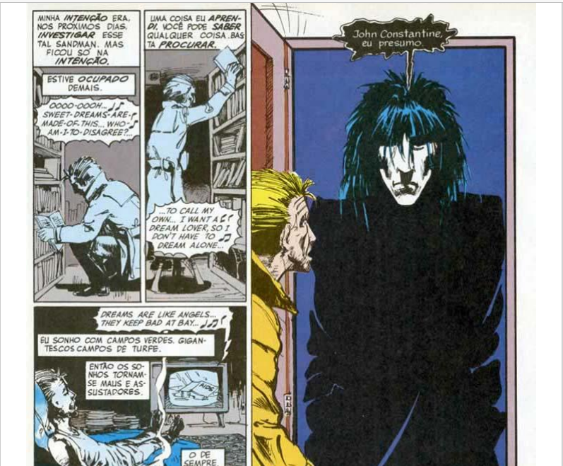 Quadrinhos com músicas, e a imagem de Sandman e John Constantine.