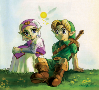 Link e Zelda sentados num gramado. Zelda olha para Link, e link sorri olhando para frente. A fada Navi sobrevoa a cabeça de ambos