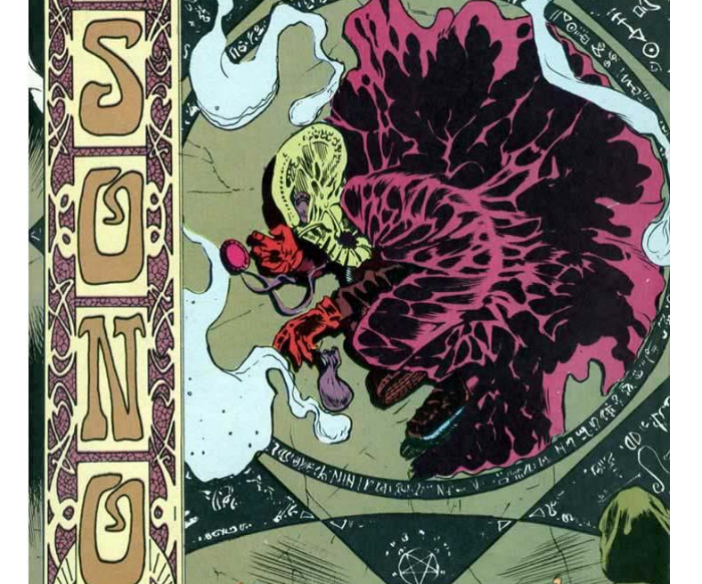 Sandman deitado no chão dentro de um círculo, e a palavra sono escrita.