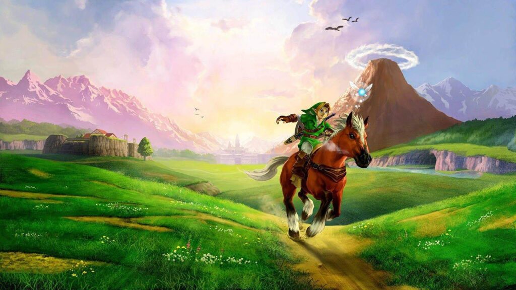 Link correndo sobre a égua Epona nos Campos de Hyrule. Ele percorre uma trilha de terra numa área gramada. Ao fundo, à esquerda, vemos o Rancho Lon Lon. No centro, o castelo de Hyrule. Na direita, a Montanha da Morte