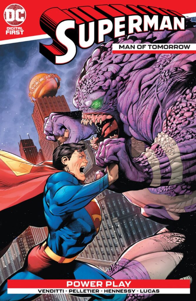Superman mede forças com Parasita. Ao fundo, o Planeta Diário