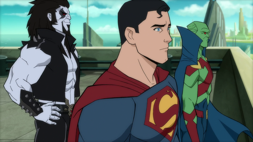 Lobo, Superman, e Caçador de Marte olham para o horizonte do alto de um prédio