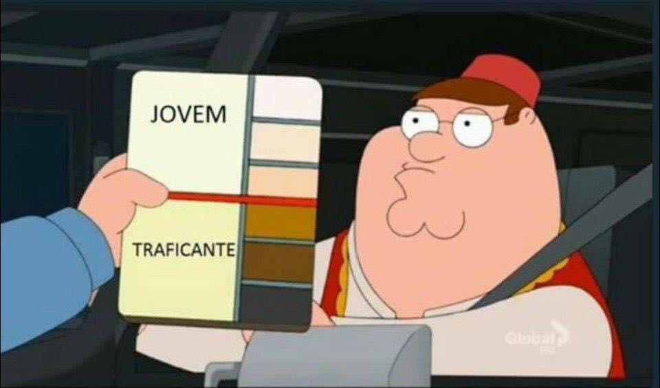 Meme de Family Guy, onde o Peter está dentro de um carro, usando uma fantasia estereotipada de um árabe (usando um fez, e um colete bolero sobre a roupa). Vemos a mão de um policial com uma cartela de tons de pele. Na parte de cima da cartela tem 3 cores (branco, amarelo, rosa) e a palavra "jovem". Na parte de baixo, outras três cores (marrom, marrom escuro, preto) escrito "traficante"