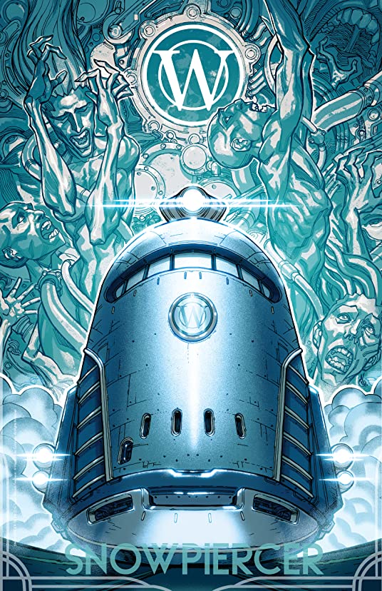 Poster de snowpiercer. É uma ilustração, representando o trem visto de frente (de baixo para cima). Acima, várias pessoas desenhadas, em aparente agonia.