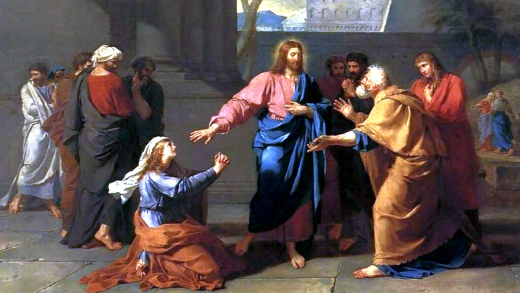 pintura representando a história em que Jesus defende a mulher adúltera, ante os avanços dos conservadores