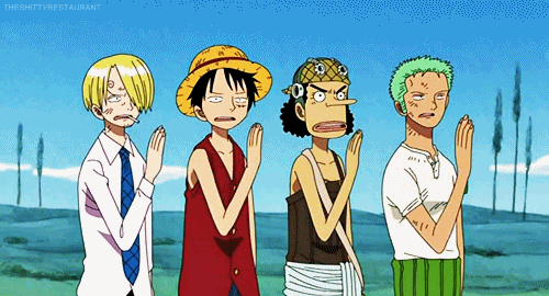Gif animada de One Piece. Sanji, Luffy, Usopp e Zoro estão com a mão reta, de frente para o seu rosto, movendo-a de um lado para o outro (como se tivesse abanando a frente da boca). 