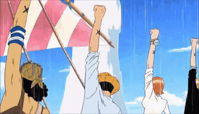 gif animada, mostrando cena do final da saga de Alabasta, de One Piece, onde o Bando do Chapéu de Palha, em seu navio,  levanta os braços que estão marcados com o símbolo da amizade, e a princesa Vivi faz o mesmo, na margem. A marinha está atirando com seus canhões no Going Merry