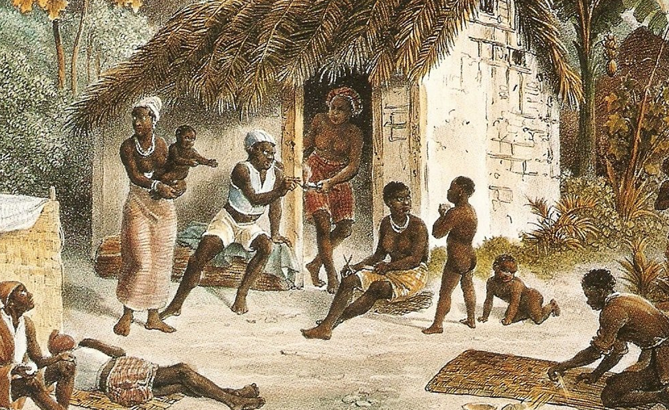 Ilustração representando um quilombo: pessoas negras, mulheres, homens e crianças, estão convivendo, fora de uma casa de pau-a-pique e teto de palha, Uma mulher cuida de um bebê, duas mulheres conversam algo na porta de casa. Crianças nuas estão interagindo com adultos
