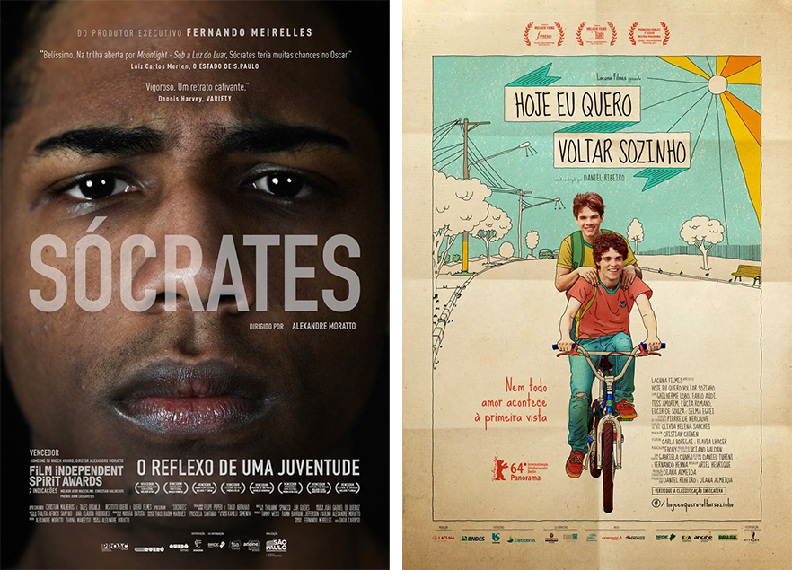 À esquerda poster de Sócrates, tenso e cru. Á direita, poster de Hoje Eu Quero Voltar Sozinho, alegre e ensolarado. "Sócrates é um desabafo gay e preto"